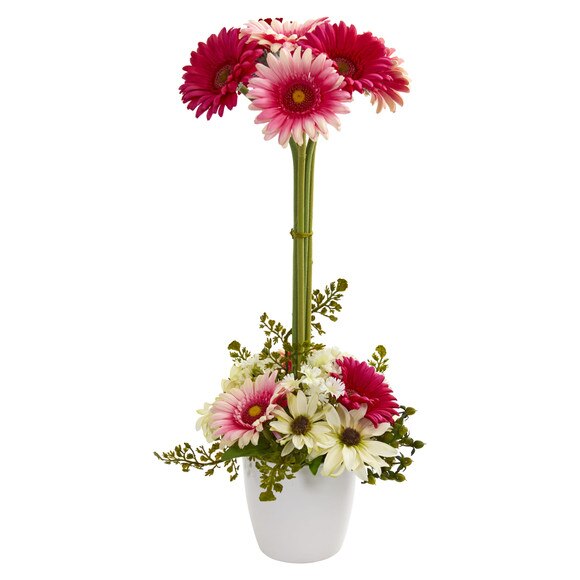 Gerber Daisy Artificial Arrangement in Ceramic Vase - SKU #1628-BU - 1